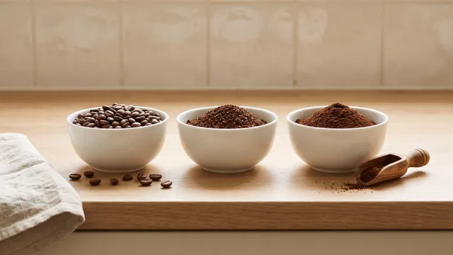 KI-generiertes Symbolbild: drei weiße Schalen mit ganzen Bohnen, mittel und fein gemahlenem Kaffee auf heller Arbeitsplatte